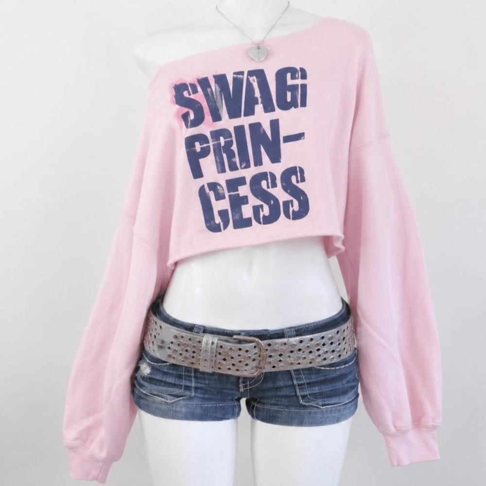 y2k swag princess graphic cropped sweatshirt off shoulder pink